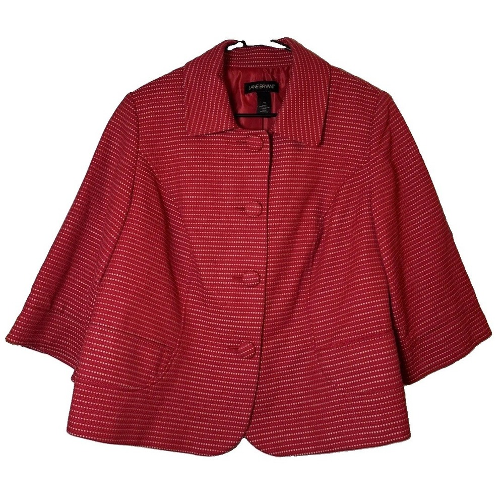 Lane Bryant Women's Size 18 Red White Striped Cotton Blazer Jacket 3/4 Sleeve